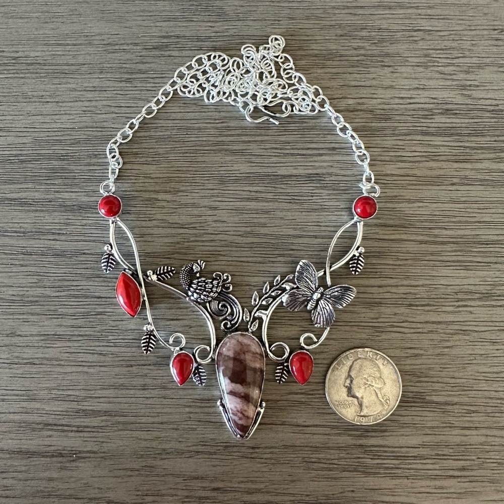 0632 Hand Crafted Silver & Red Peacock Statement Necklace with Filigree Accents - Picture 5 of 11